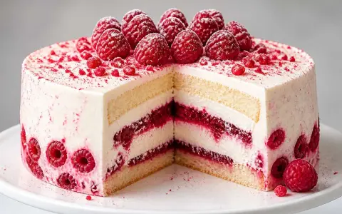 Gâteau à étages blanc et rose, garni de framboises fraîches et de poudre de framboise. Un délice fruité !