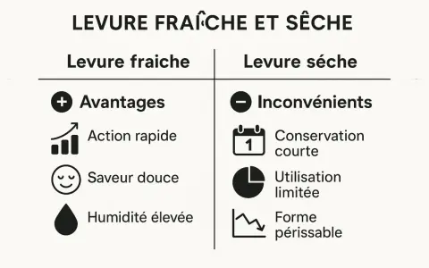 Tableau comparatif : équivalence levure fraîche et sèche. Avantages de la levure fraîche (rapide, saveur douce, humidité) vs inconvénients de la levure sèche (conservation courte, utilisation limitée, périssable).