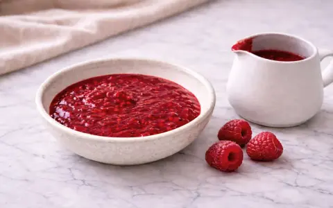 Un bol et un pichet remplis de nappage framboise facile, avec des framboises fraîches à côté.