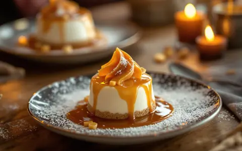 Un dessert crémeux avec une décoration caramel facile, saupoudré de sucre glace et de petits cubes de caramel. Ambiance chaleureuse avec des bougies.