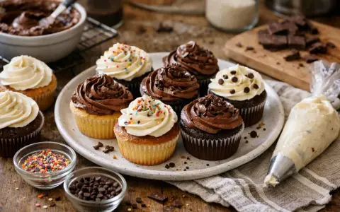 Plate of cupcakes with chocolate and vanilla frosting, sprinkles, and chocolate chips. A piping bag and ingredients suggest a moment of décoration cupcake facile.