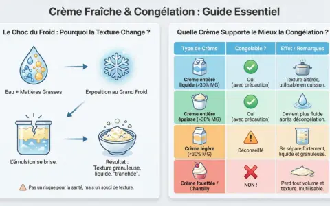 Guide sur la congélation de la crème : la crème liquide (>30% MG) se congèle avec précaution, mais sa texture est altérée.