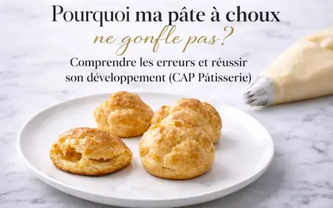 Pâte à choux sur une assiette, avec une poche à douille en arrière-plan. Le texte interroge : "Pourquoi ma pâte à choux ne gonfle pas ?