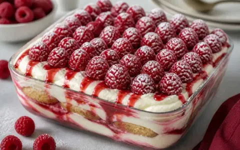 Tiramisu framboise, recette italienne. Un dessert crémeux et fruité, garni de framboises fraîches et d'un coulis rouge vif.
