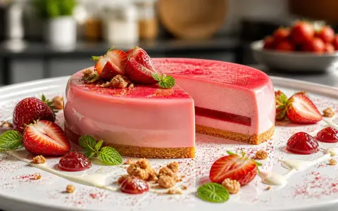 Un délicieux bavarois fraise, orné de fruits frais, de coulis et de crumble, sur une assiette blanche.