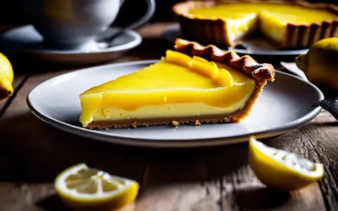 Tranche de tarte au citron, son glacage citron brillant et crémeux, avec des citrons frais et une tasse de café en arrière-plan.