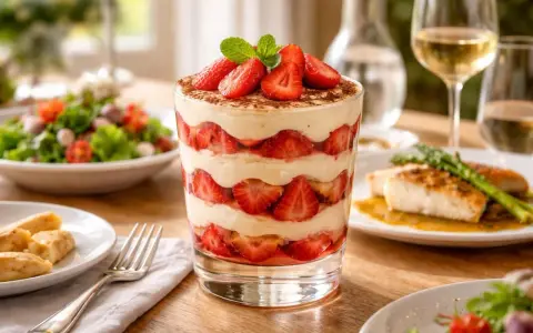 Un délicieux tiramisu fraise, superposé de crème onctueuse et de fruits rouges frais, garni de menthe et de cacao.