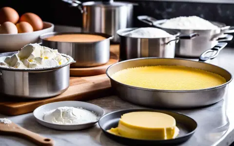 Différents types de moules à pâtisserie sont prêts pour la création de desserts. On y voit des ingrédients comme des œufs, de la farine et de la crème.