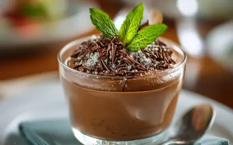 Délicieuse mousse au chocolat, garnie de copeaux de chocolat et d'une feuille de menthe fraîche. Un délice pour les yeux et les papilles.