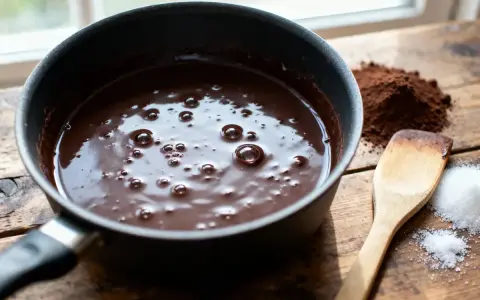 Comment faire fondre du chocolat : une casserole de chocolat fondu, du cacao en poudre, du sucre et une spatule en bois sur une table en bois.