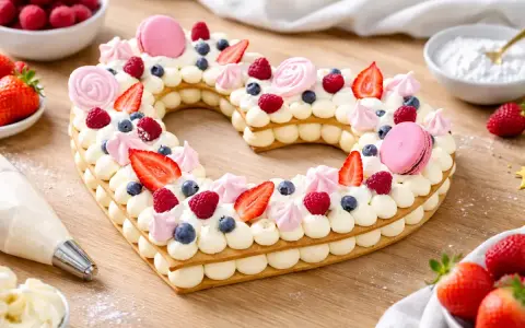 Gâteau en forme de cœur, décoré de fruits rouges, macarons et meringues. Une belle idée de cake design recette pour la Saint-Valentin.