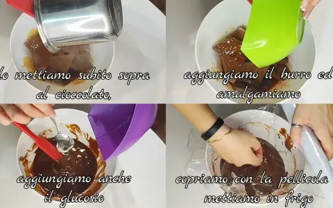 Préparation d'une ganache caramel : ajout de chocolat, beurre, puis glucose. Le mélange est ensuite couvert et mis au frais.