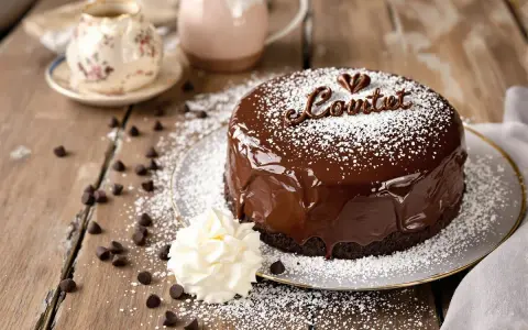 Un délicieux gateau d'anniversaire chocolat, nappé de glaçage brillant et saupoudré de sucre glace. Une touche de crème et des pépites de chocolat complètent cette gourmandise.