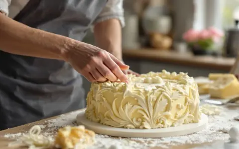 Main d'un pâtissier ajustant la décoration d'un gâteau à la composition pâte à sucre, orné de volutes élégantes.