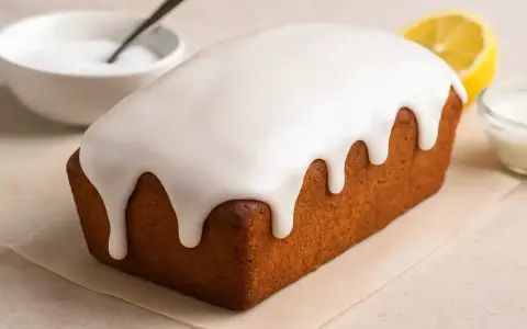 Un délicieux cake au citron recouvert d'un glaçage sucre glace facile, avec une tranche de citron et un bol d'ingrédients à proximité.