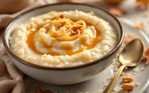 Un bol de riz au lait crémeux, nappé de caramel et garni de copeaux dorés. Une cuillère dorée repose à côté.