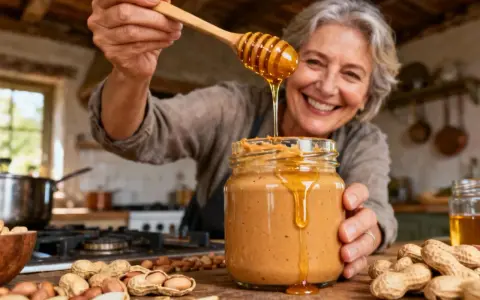 Une femme souriante ajoute du miel à un pot de beurre de cacahuète maison. La conservation de ce délice est assurée par sa préparation soignée.