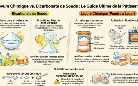 Comparaison levure chimique et bicarbonate de soude. Guide de pâtisserie montrant le dosage, l'activation et l'utilisation de chaque produit.