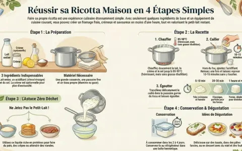 La ricotta maison se conserve 2 à 4 jours au frais. Peut-on congeler de la ricotta ? L'image montre comment la faire et la conserver.