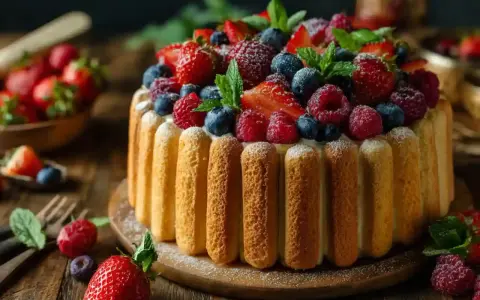 Charlotte aux fruits, un délice visuel et gustatif. Des biscuits à la cuillère entourent une crème onctueuse, le tout couronné de fraises, framboises et myrtilles fraîches.