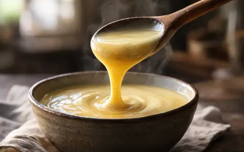 Crème anglaise onctueuse versée d'une cuillère en bois, rappelant la recette grand-mère. Vapeur légère s'échappant de ce délice.