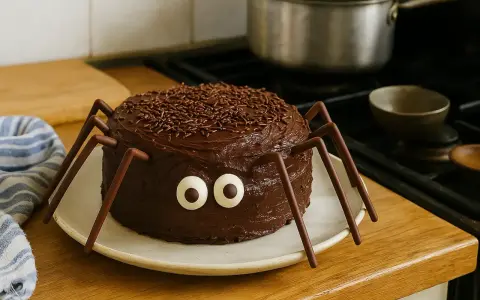 Un **gâteau effrayant Halloween** en forme d'araignée, tout chocolat avec des yeux globuleux et des pattes en bâtonnets. Parfait pour faire frissonner les gourmands !