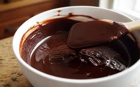Une spatule mélange une ganache au chocolat brillante dans un bol blanc. Une astuce pour comment rattraper une ganache trop liquide est de la laisser refroidir.