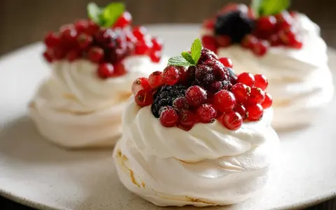 Trois mini pavlovas garnis de crème fouettée et de fruits rouges frais, dont des groseilles et des mûres.