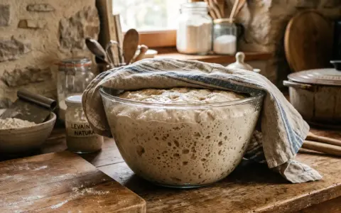 Un levain naturel pétillant dans un bol, prêt à être utilisé. La question "peut on mélanger levure de boulanger et bicarbonate" reste ouverte.