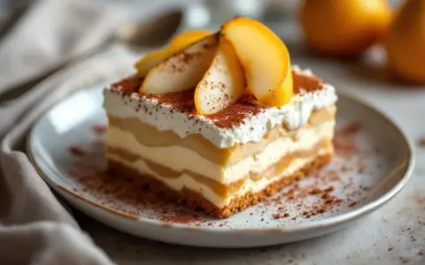 Un déliceux tiramisu vanille aux couches crémeuses et aux fruits, saupoudré de cacao.