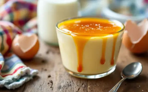 Un délicieux dessert aux oeufs au lait, nappé de caramel coulant, avec des coquilles d'œufs et une bouteille de lait en arrière-plan.