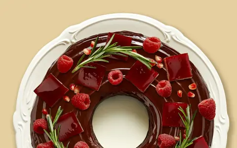 Gâteau angel cake au chocolat, décoré de framboises, de gelée rouge et de romarin.