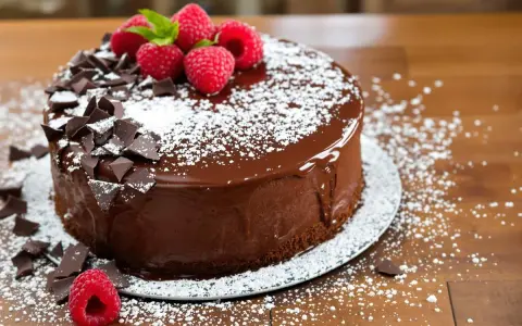 Un délicieux cake au chocolat, nappé de glaçage brillant, décoré de framboises fraîches, de copeaux de chocolat et saupoudré de sucre glace.