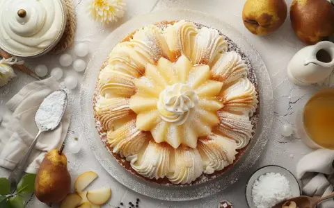 Une magnifique charlotte aux poires, ornée de fines lamelles de fruits et de crème fouettée, saupoudrée de sucre glace.
