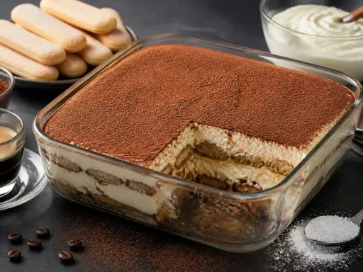 Un délicieux tiramisu caramel, généreusement saupoudré de cacao, prêt à être dégusté. Des biscuits à la cuillère et une tasse d'espresso complètent cette gourmandise.