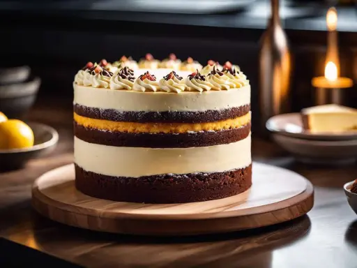 Un magnifique interieur layer cake aux couches de chocolat et de crème, décoré de volutes de crème et de fruits rouges.