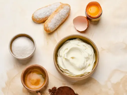 Ingrédients pour un tiramisu : boudoirs, sucre, café, cacao, œuf et un grand bol de mascarpone 500g.