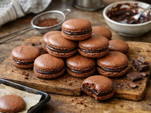 Pile de macarons au chocolat, prêts pour la dégustation. La cuisson macaron parfaite, avec une ganache onctueuse.