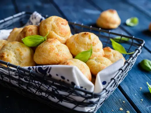 Gougères dorées dans un panier, garnies de feuilles de basilic. Si les vôtres ne gonflent pas, vérifiez la température du four !