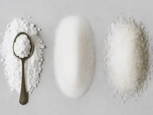 Trois tas de sucres : poudreux, fin et gros. Qu'est-ce que le sucre cristallisé ? Le fin est le plus courant.