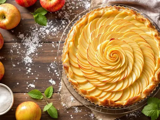 Tarte aux pommes magnifiquement décorée, avec des pommes finement tranchées formant une spirale. Quelle pomme pour tarte ? Celle-ci est parfaite !