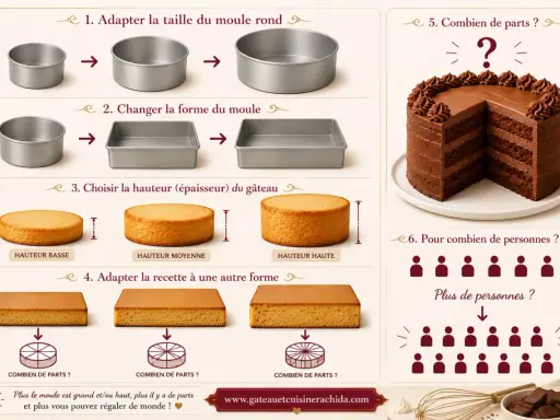 Guide pour adapter la recette de gâteau : taille, forme, hauteur, et le nombre de parts à découper. Plus le moule est grand, plus il y a de parts.
