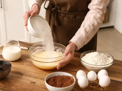Préparation d'un gâteau : on verse du sucre dans un bol, une alternative pour remplacer le sucre blanc. Ingrédients : œufs, lait, farine, cacao, chocolat.