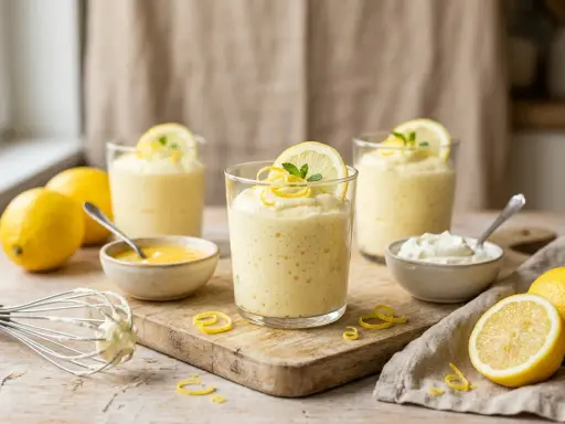Trois verres de mousse au citron, décorés de rondelles de citron et de menthe. Des citrons entiers et coupés, ainsi que des petits bols de crème et de curd de citron, complètent la scène.