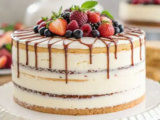 Gâteau naked cake citron, garni de fruits rouges frais et d'un coulis de chocolat. Un délice visuel et gustatif !