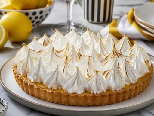 Tarte au citron généreusement garnie d'une meringue italienne meilleur du chef, dorée à la perfection.