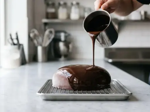 Un chef verse un glaçage miroir sur un entremet. La question "peut on congeler un entremet avec glaçage miroir" se pose devant cette œuvre.