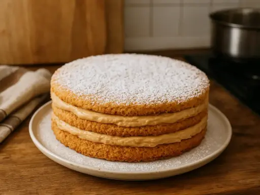 Gâteau à trois étages garni de crème onctueuse, saupoudré de sucre glace. Une délicieuse recette avec biscuit écrasé pour un dessert parfait.