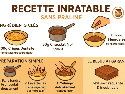 Recette facile pour un croustillant feuillantine sans praliné : chocolat fondu, crêpes dentelle émiettées et une pincée de fleur de sel pour un résultat garanti.