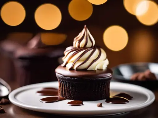 Gourmandise chocolatée : un petit gâteau au glaçage brillant, surmonté d'une ganache délicate et de crème fouettée.